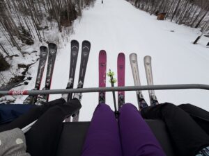 Rossignol ski demos on the lift at Pico, Vermont